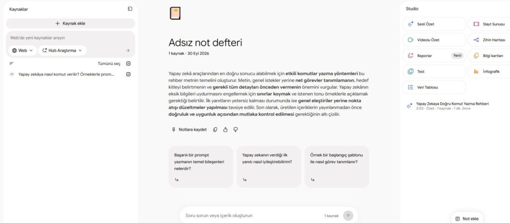 NotebookLM'de Dekoria rehberinin kaynak olarak eklendiği ve iki dakikalık Türkçe Sesli Özet'in hazır olduğu imleçsiz ekran görüntüsü