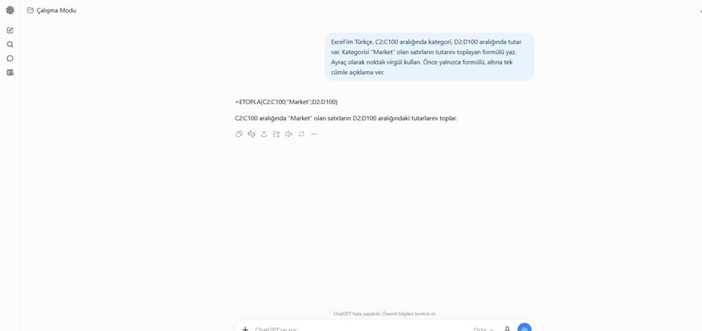 ChatGPT'de Türkçe Excel için ETOPLA formülünün sorulduğu ve doğru formülün verildiği imleçsiz örnek sohbet